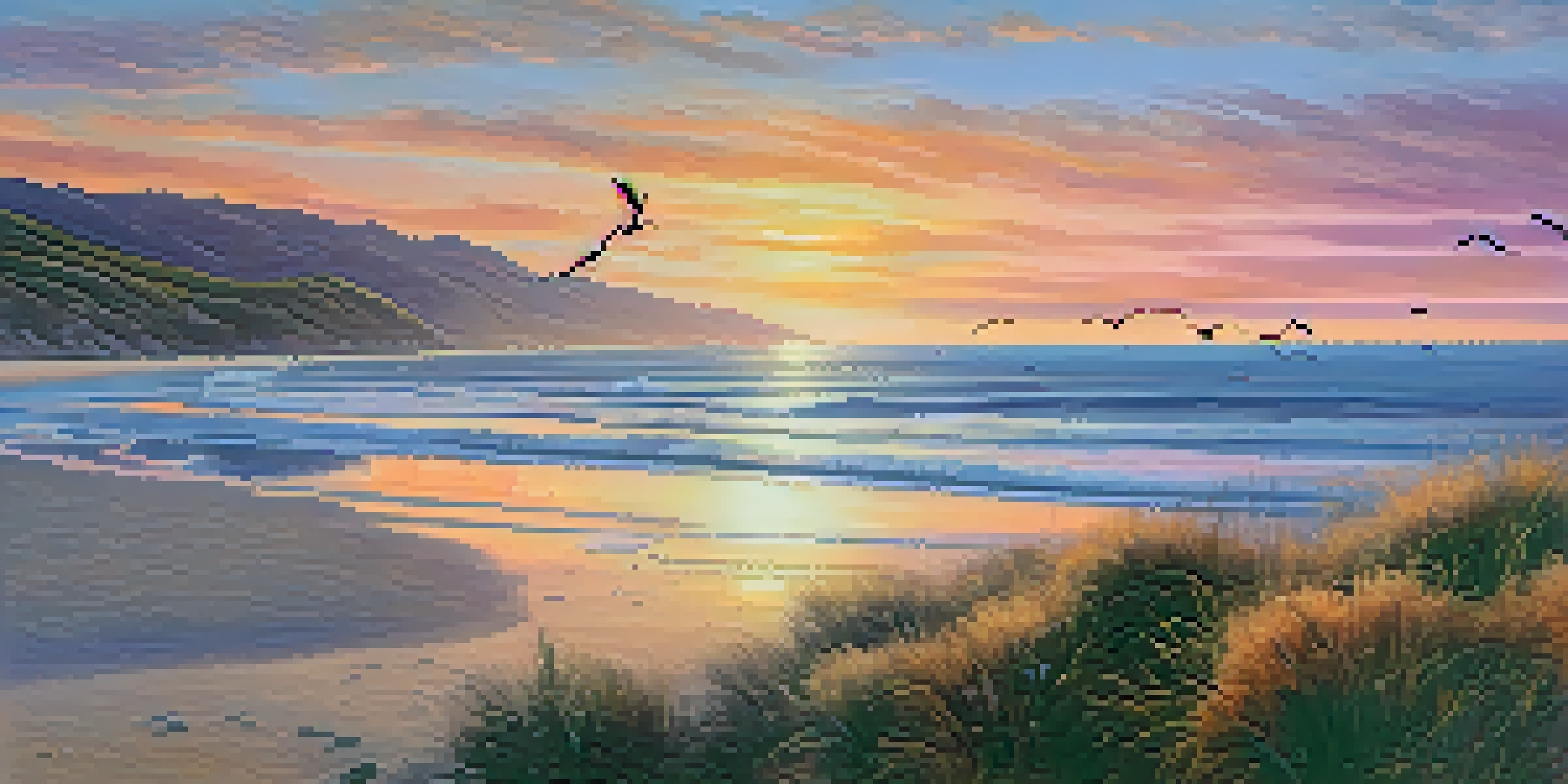 A peaceful Malibu beach during sunset, with seabirds on the shore and colorful skies.