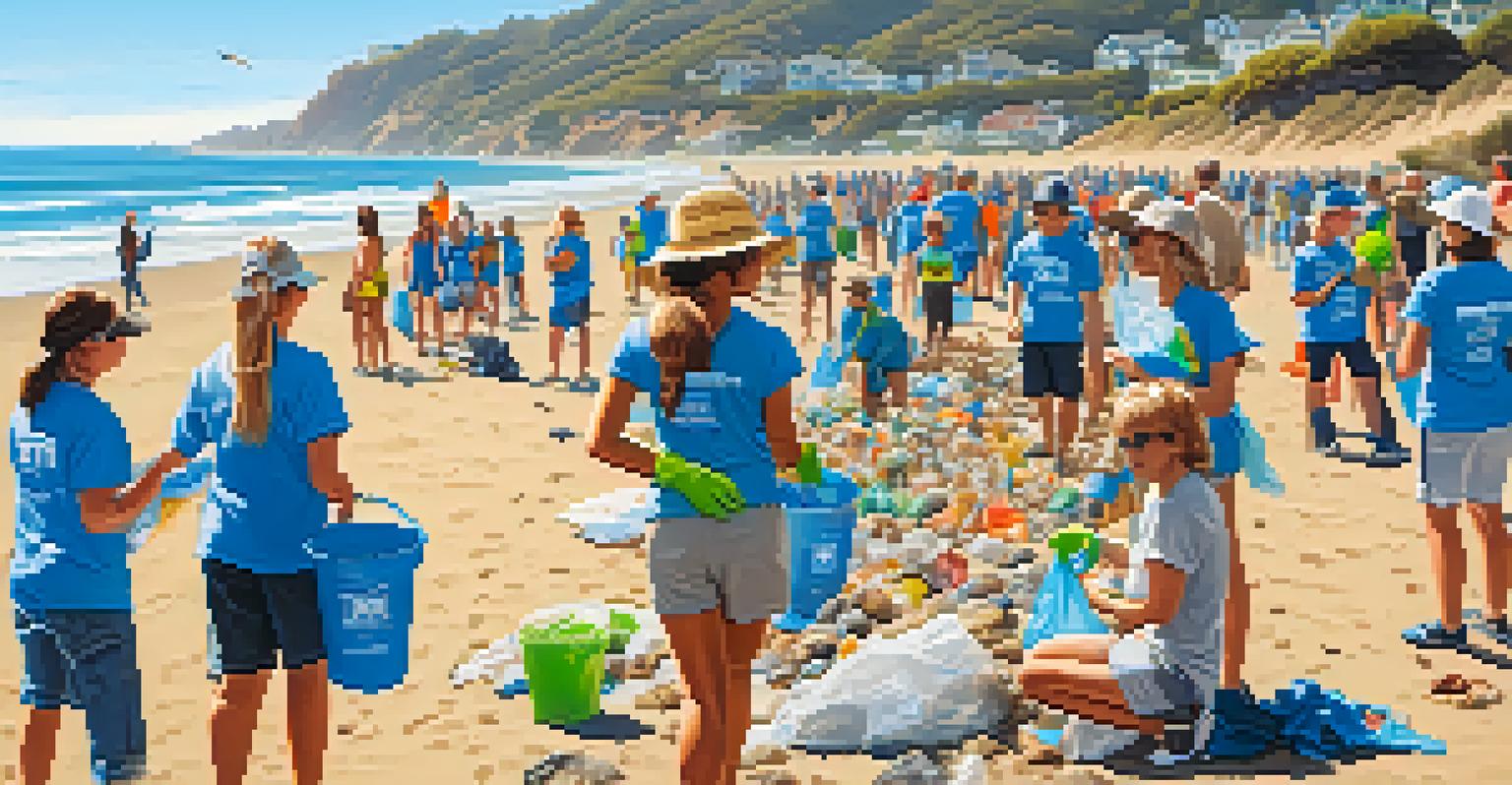 A community beach clean-up event in Malibu with volunteers collecting litter along the shore, promoting eco-tourism.