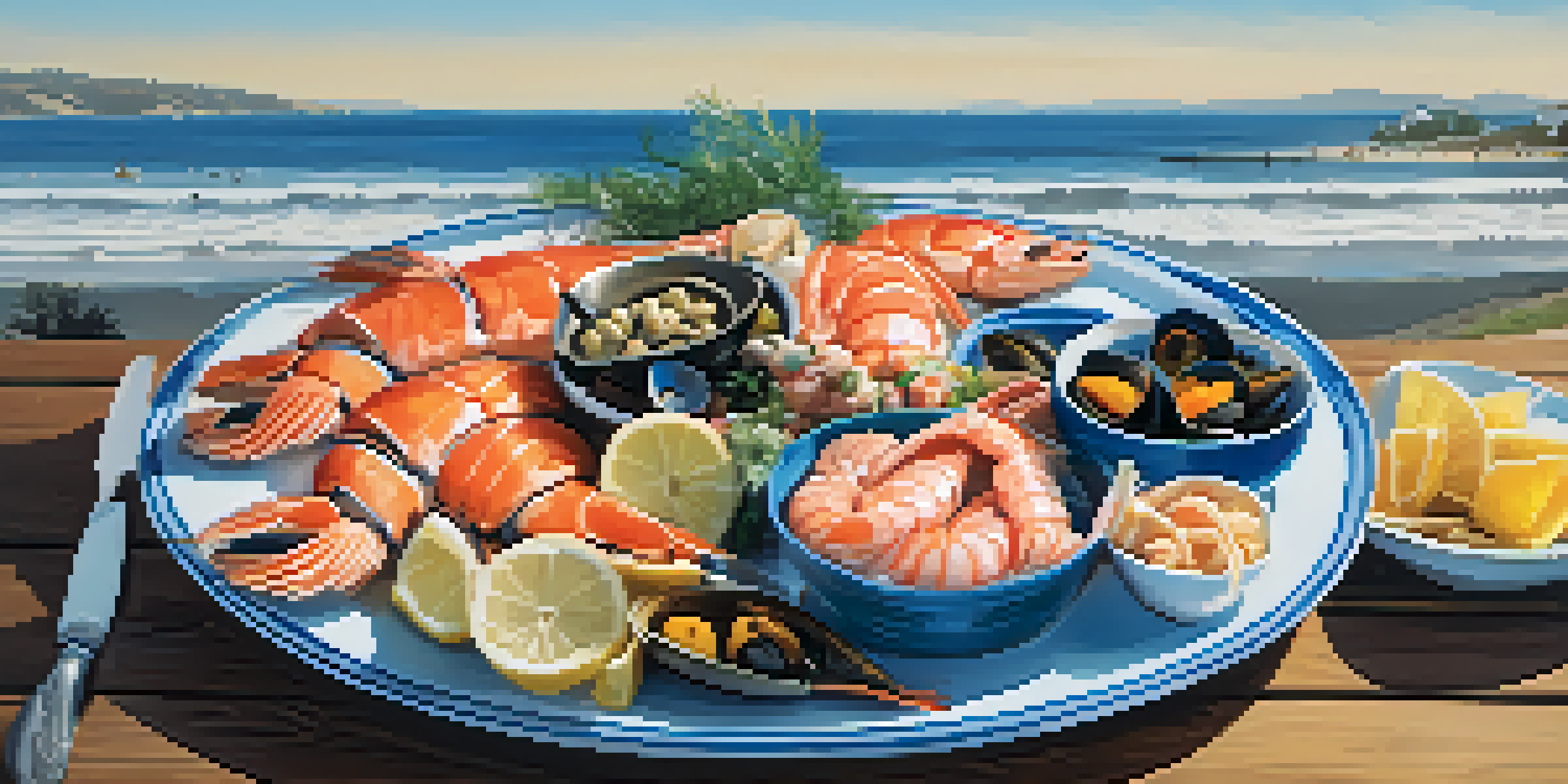 A colorful seafood platter on a wooden table with a coastal view of Malibu in the background.