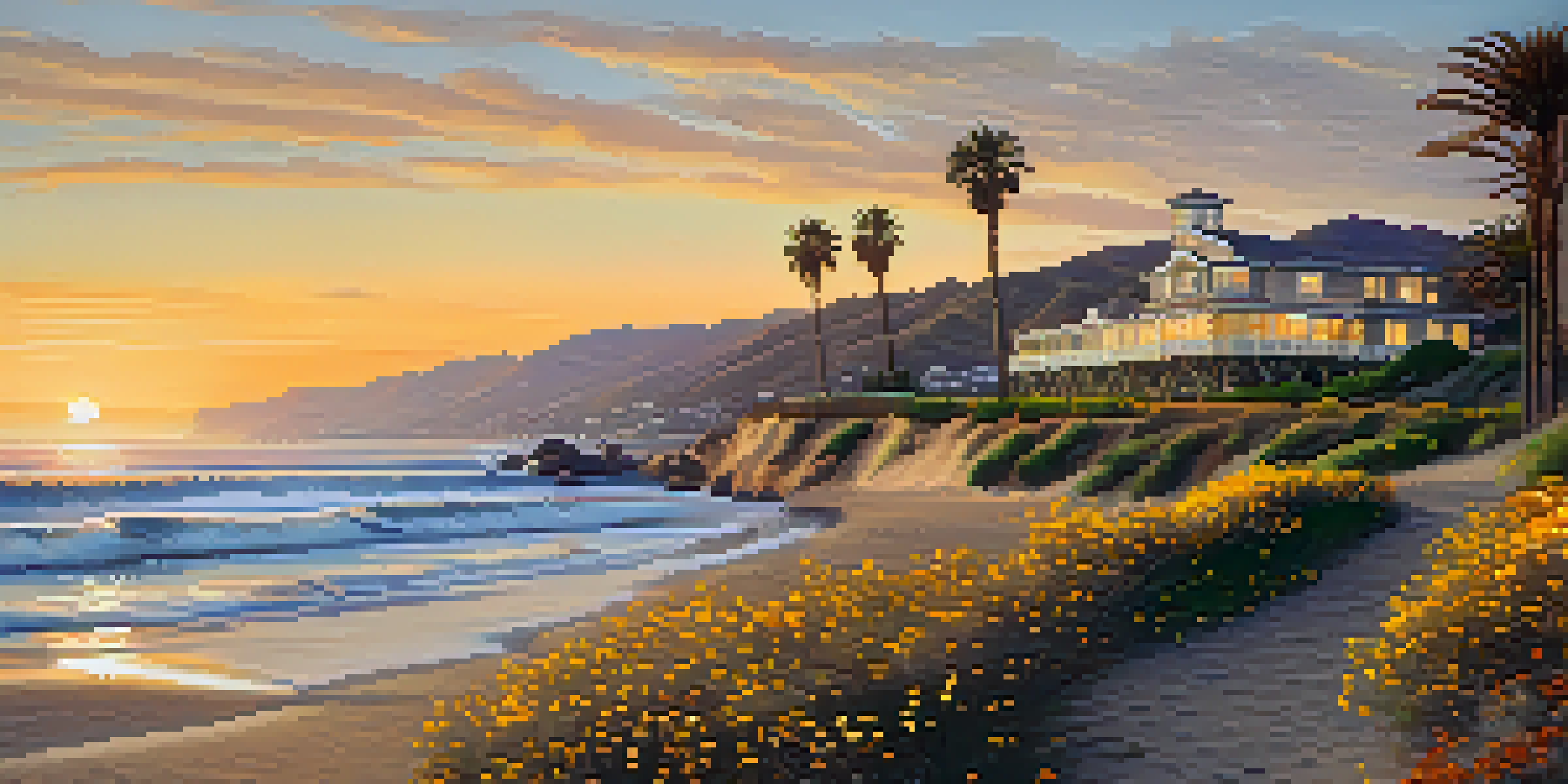 A sunset view of Malibu's coastline with the pier, sandy beach, and wildflowers.