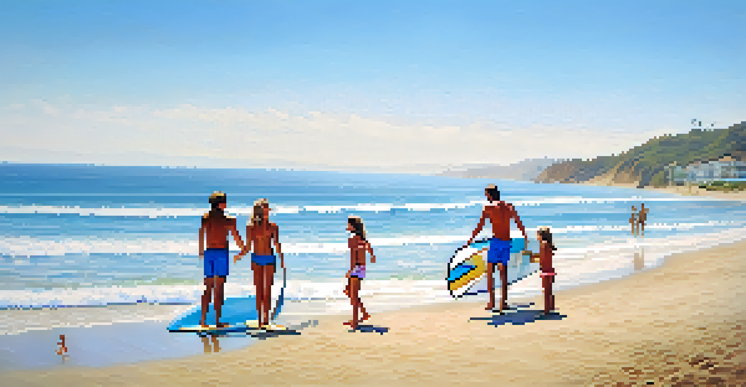 A family of four riding waves on surfboards during a surfing lesson at Malibu beach.