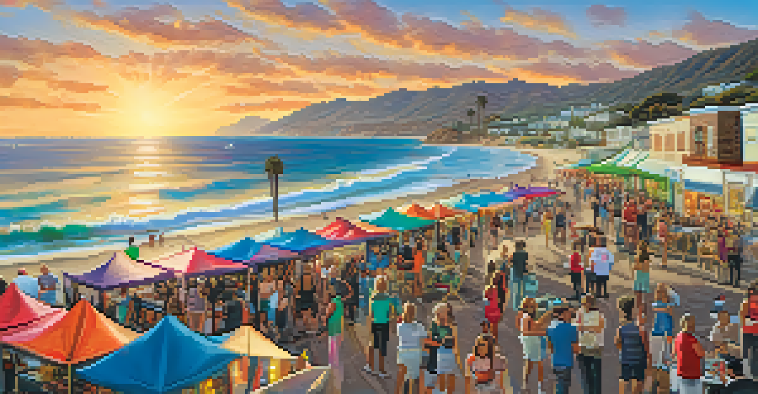 A lively street scene during the Malibu Art Walk, featuring food vendors, musicians, and colorful art displays with the ocean in the background.