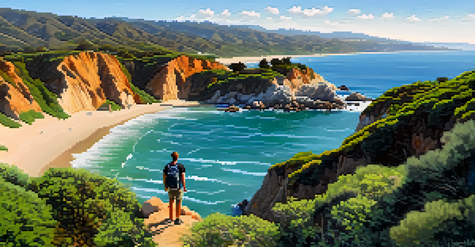 Panoramic view from Point Dume with a hiker overlooking the ocean and islands.