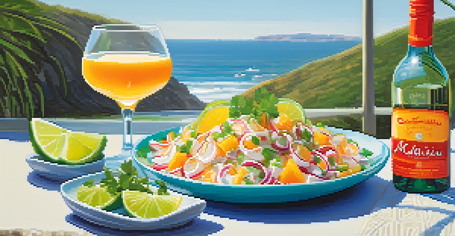 A plate of ceviche with lime wedges and a glass of Chardonnay on a sunny patio with ocean views.