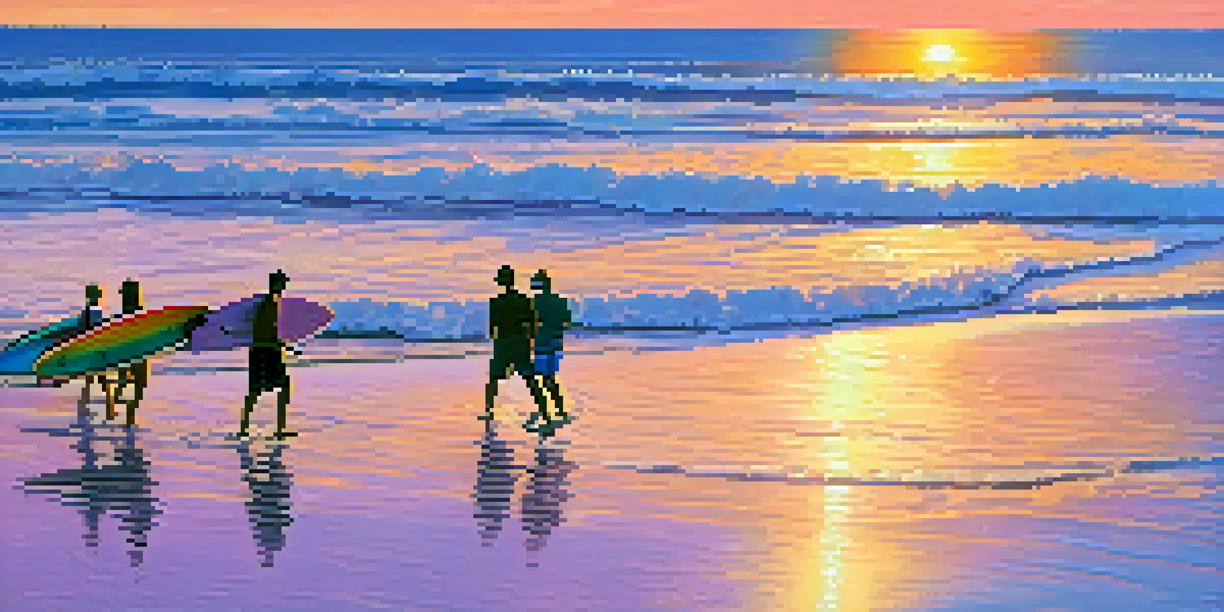 A serene early morning at Malibu beach with surfers paddling out into gentle waves and a golden sunrise.