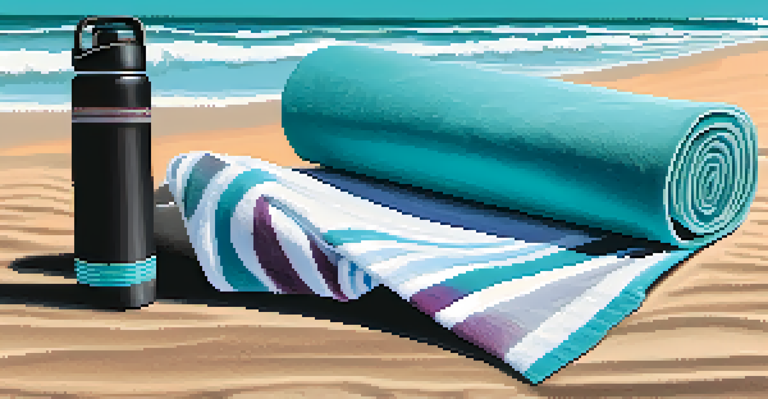 A yoga mat, water bottle, and towel on a sandy beach with ocean waves and a blue sky in the background.