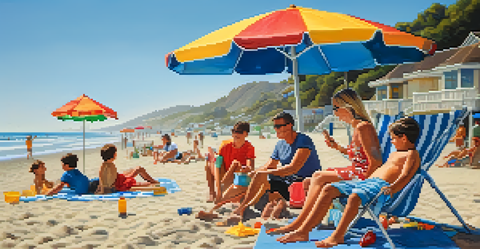 A family at Zuma Beach with children playing in the sand and parents relaxing, featuring blue ocean waves and a colorful beach umbrella.