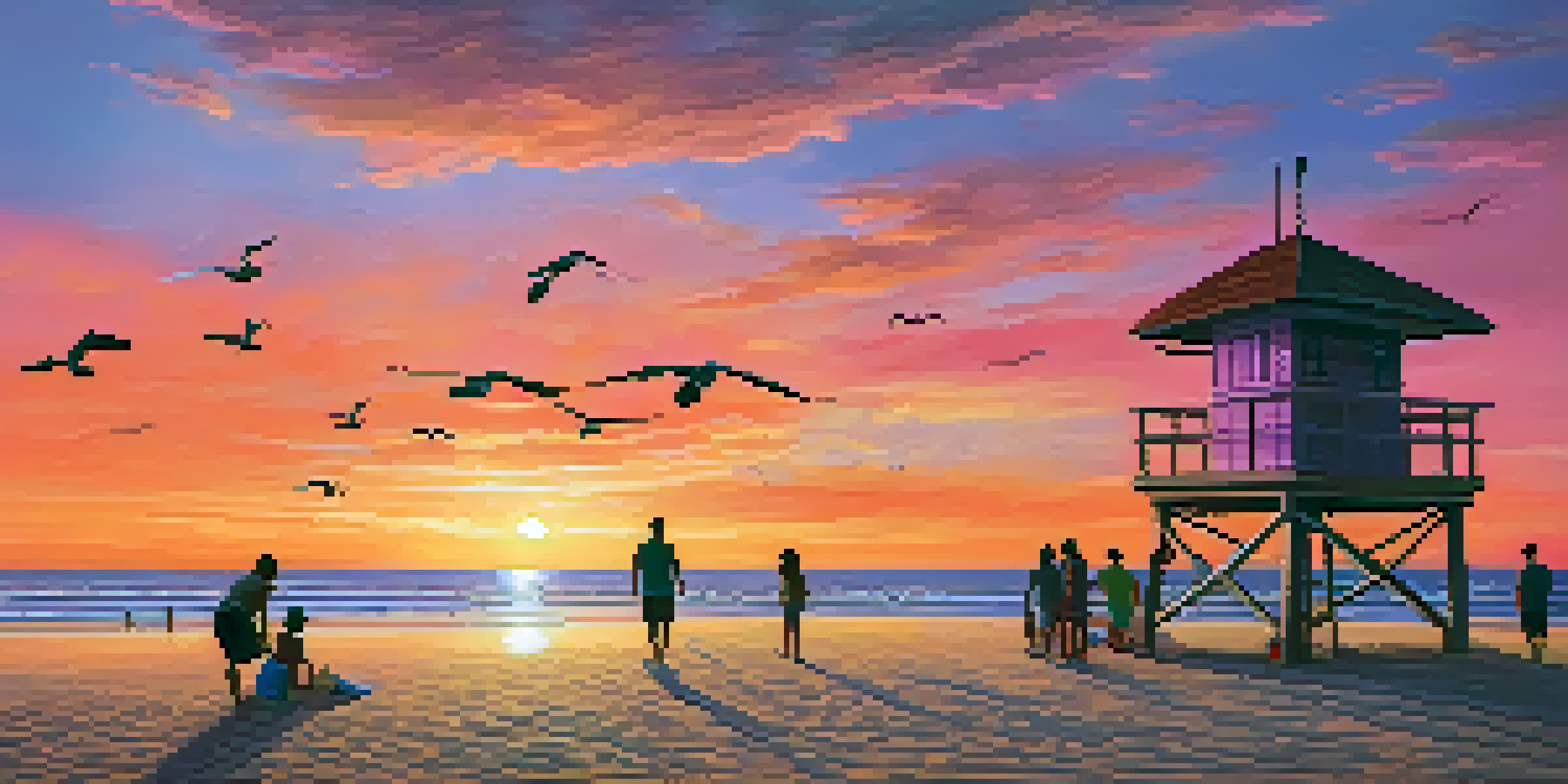A family playing on the beach at sunset, building a sandcastle with a lifeguard tower in the background.