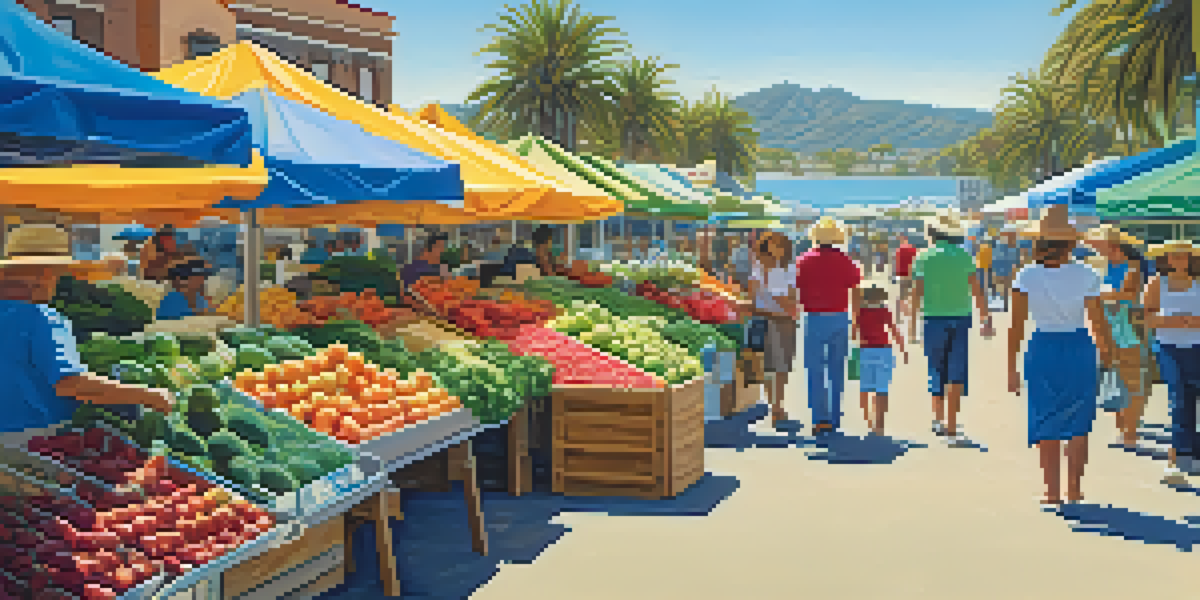 A bustling farmer's market in Malibu with colorful fruits and vegetables, local farmers, and shoppers using reusable bags against a backdrop of palm trees and the ocean.