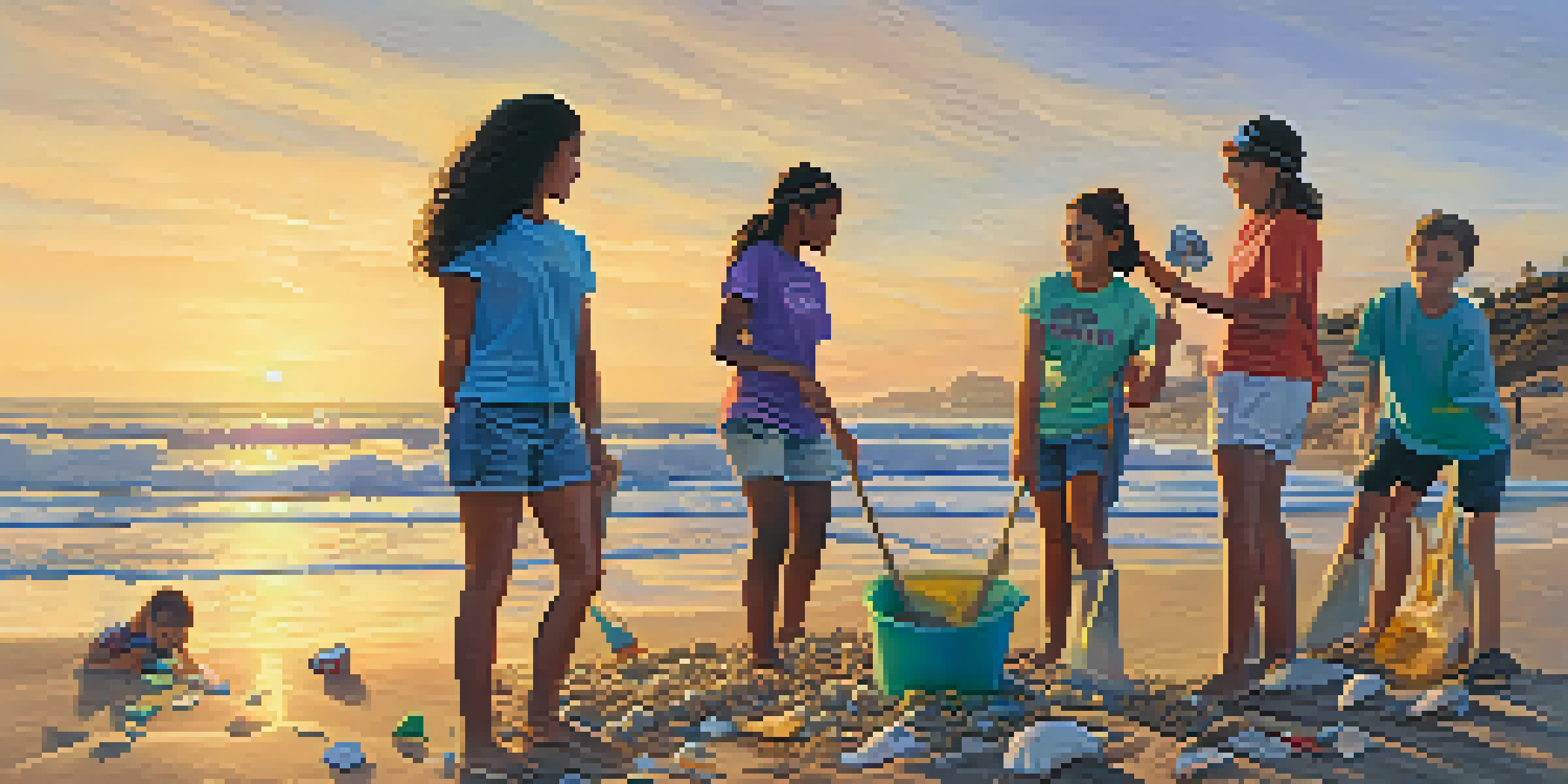 A group of diverse youth participating in a beach cleanup in Malibu, with the sunset casting warm colors in the background.