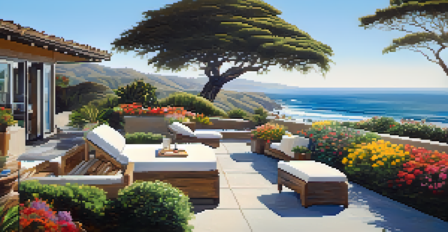 A landscaped outdoor area of a Malibu celebrity home with ocean views and lounge furniture.
