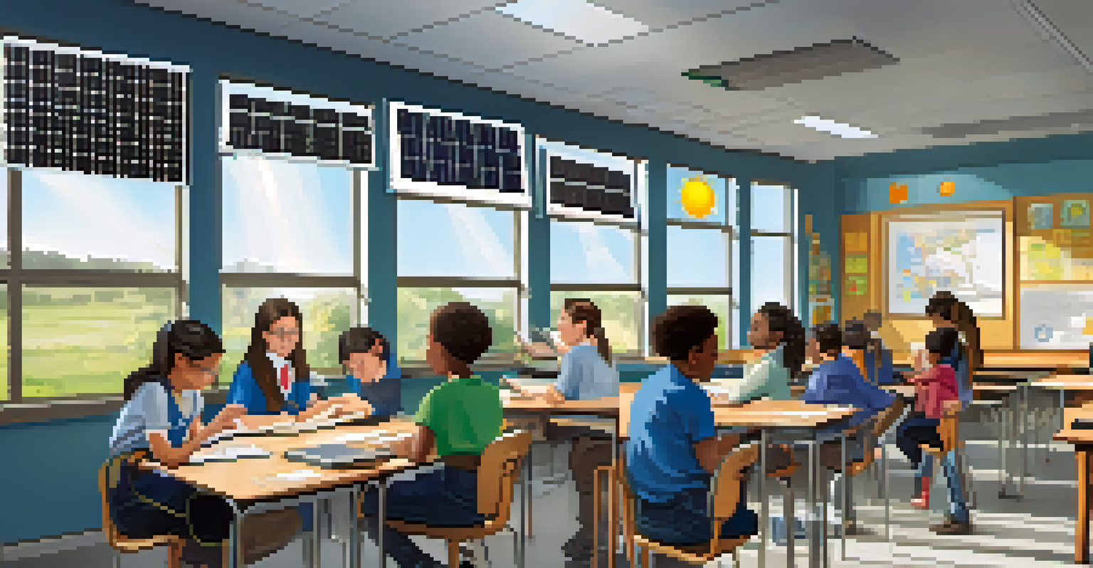 Students in a classroom learning about solar energy with solar panels visible through the windows.