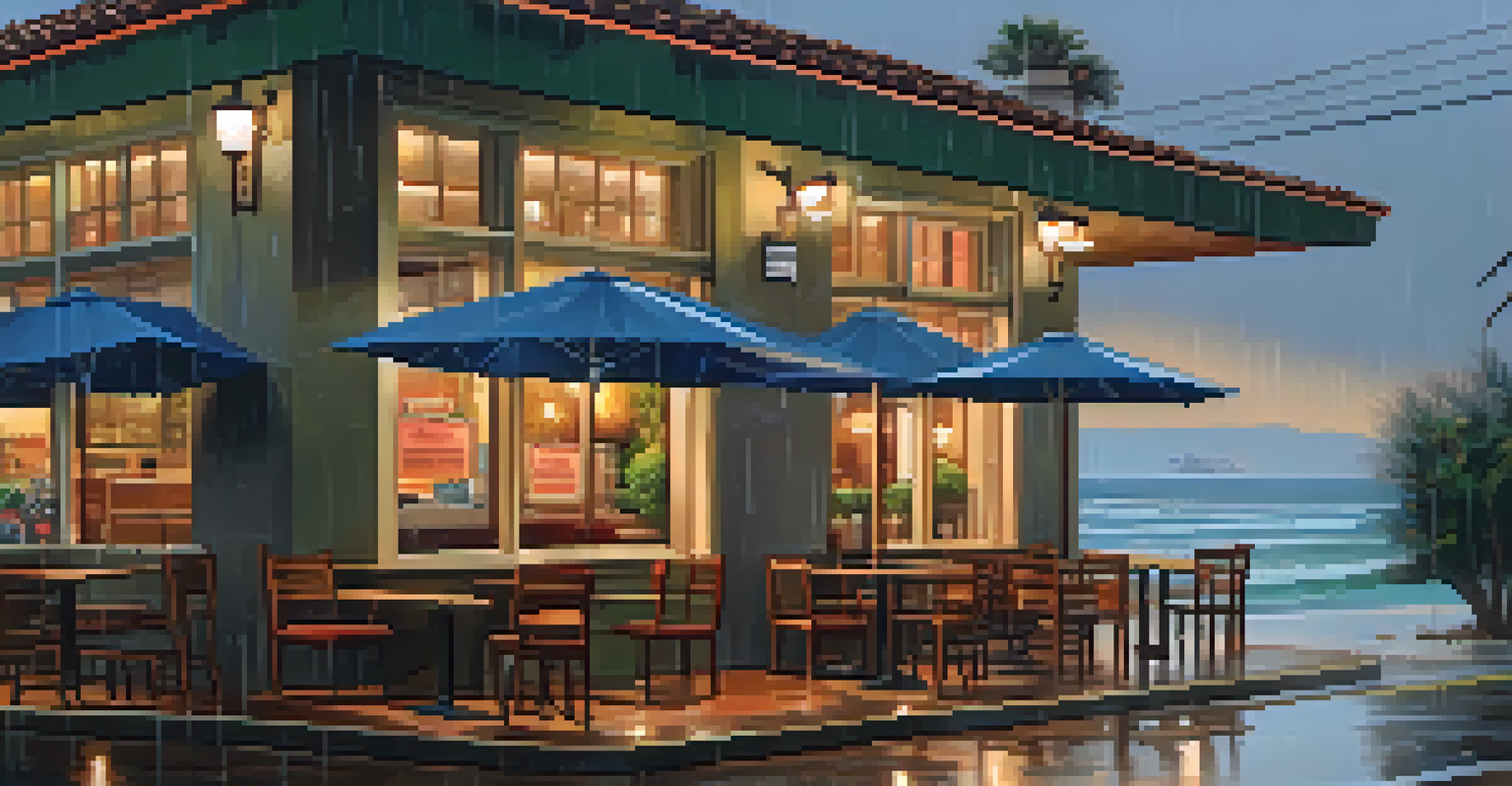 A cozy restaurant interior in Malibu with warm lighting and a special comfort food menu, while rain is visible outside the window.