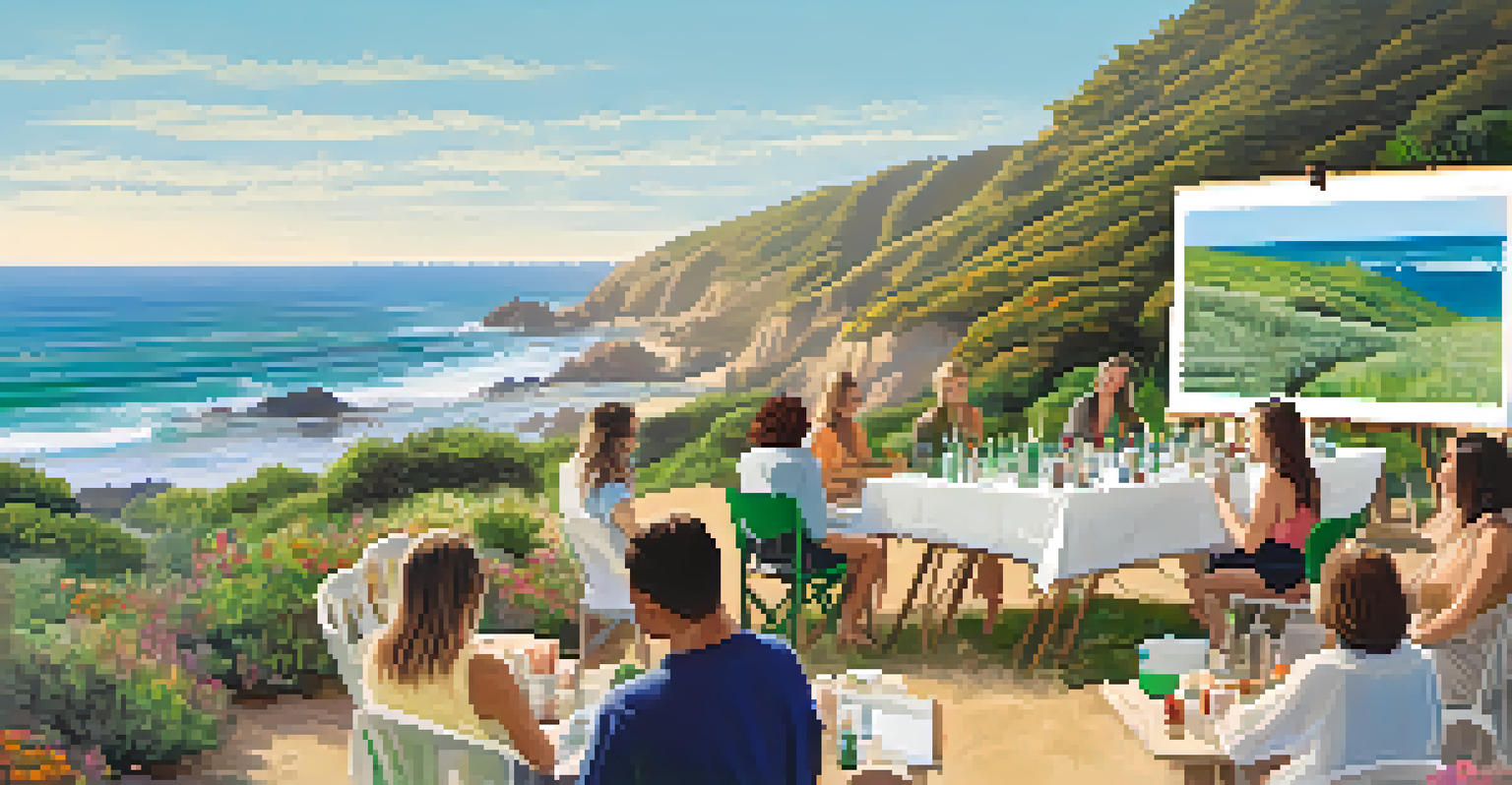 An outdoor green beauty workshop in Malibu with participants learning about eco-friendly skincare, set against an ocean background.