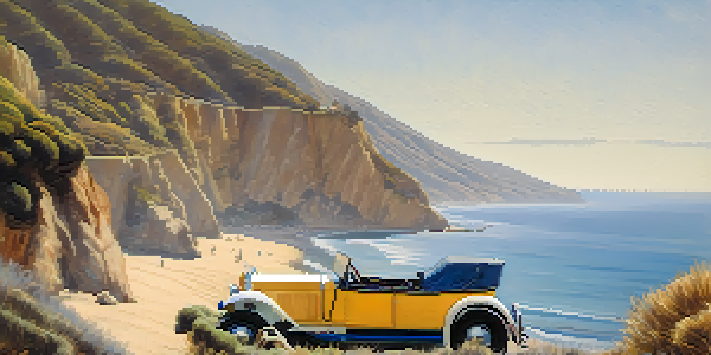 A couple in 1920s attire standing on a cliffside overlooking the ocean in Malibu, with a vintage car nearby.
