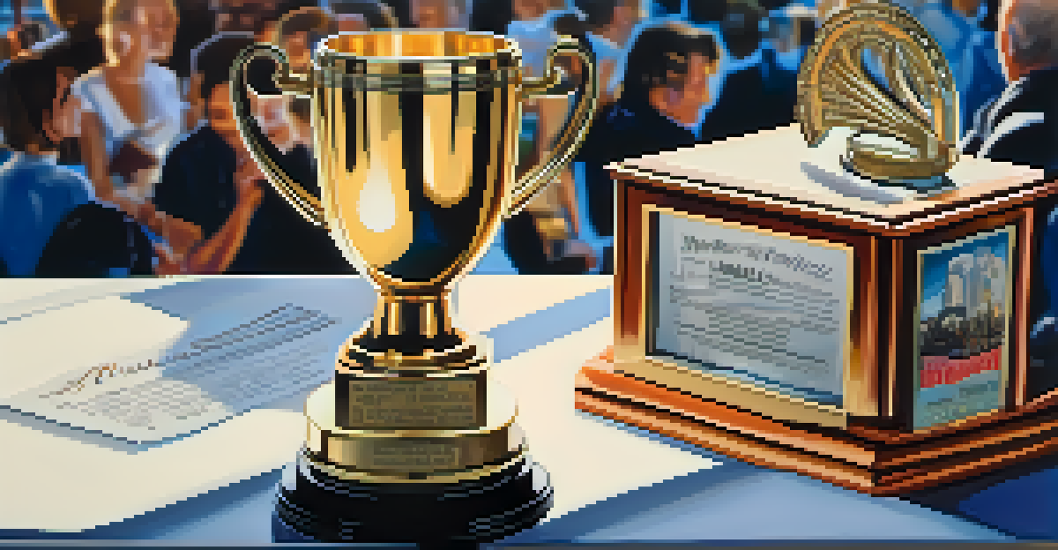 An elegant film award trophy on a table at the Malibu Film Festival, surrounded by festival memorabilia.