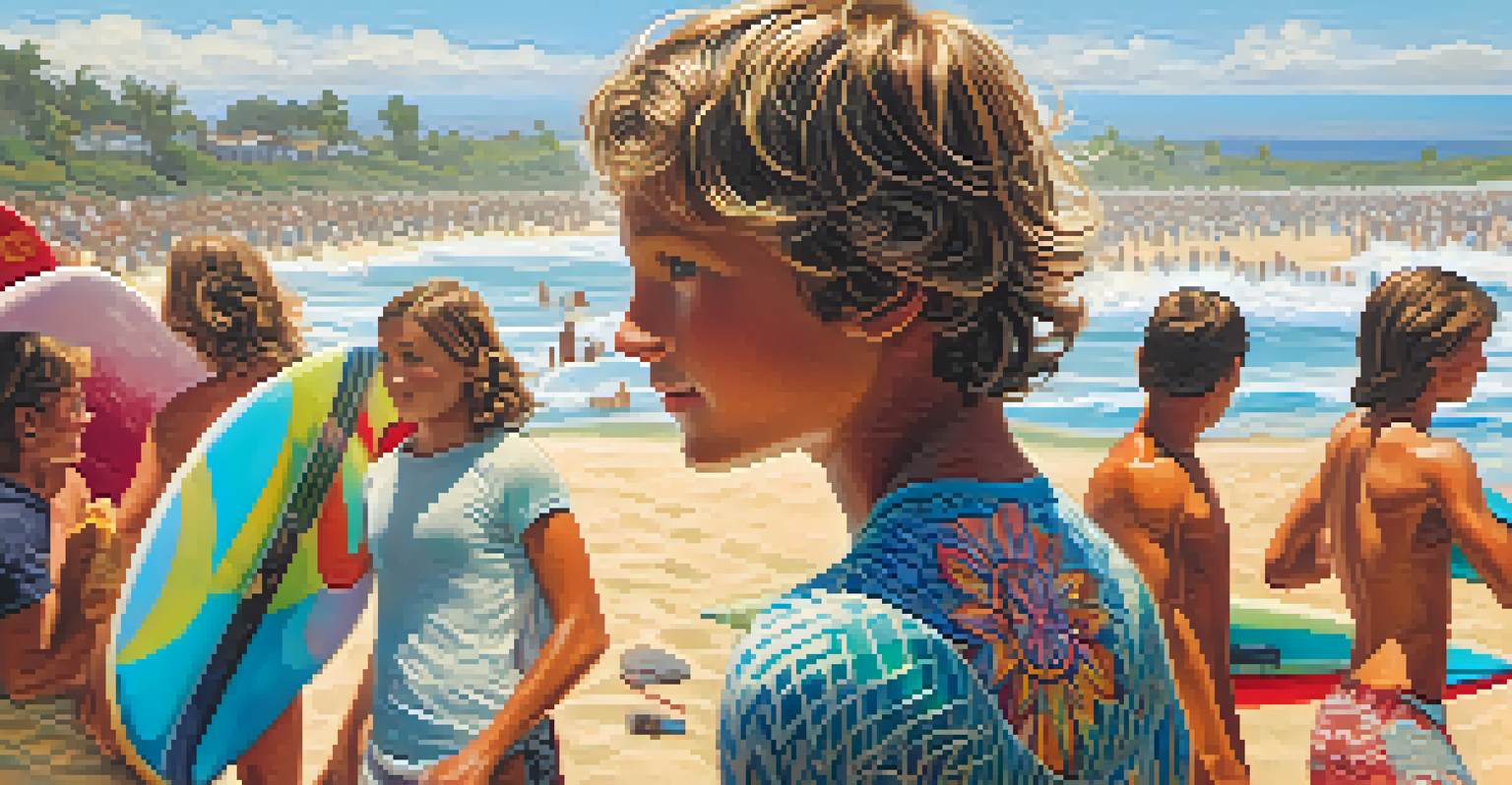 A young surfer holding a colorful surfboard, focused and ready for competition with cheering spectators in the background.