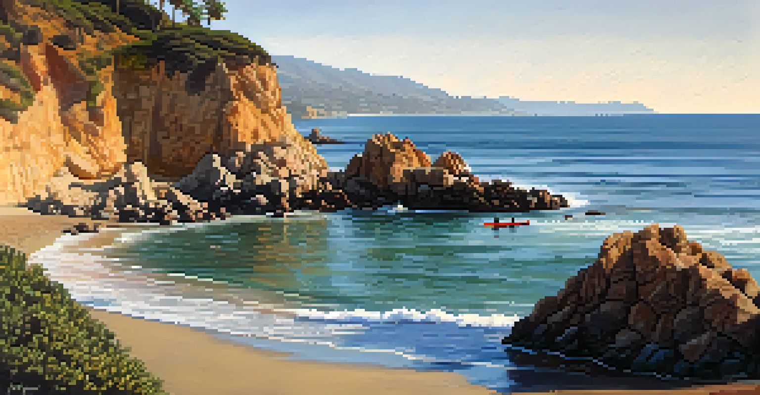 A kayaker paddling along the rocky coastline at Point Dume State Beach, with the ocean and cliffs in the background during golden hour.
