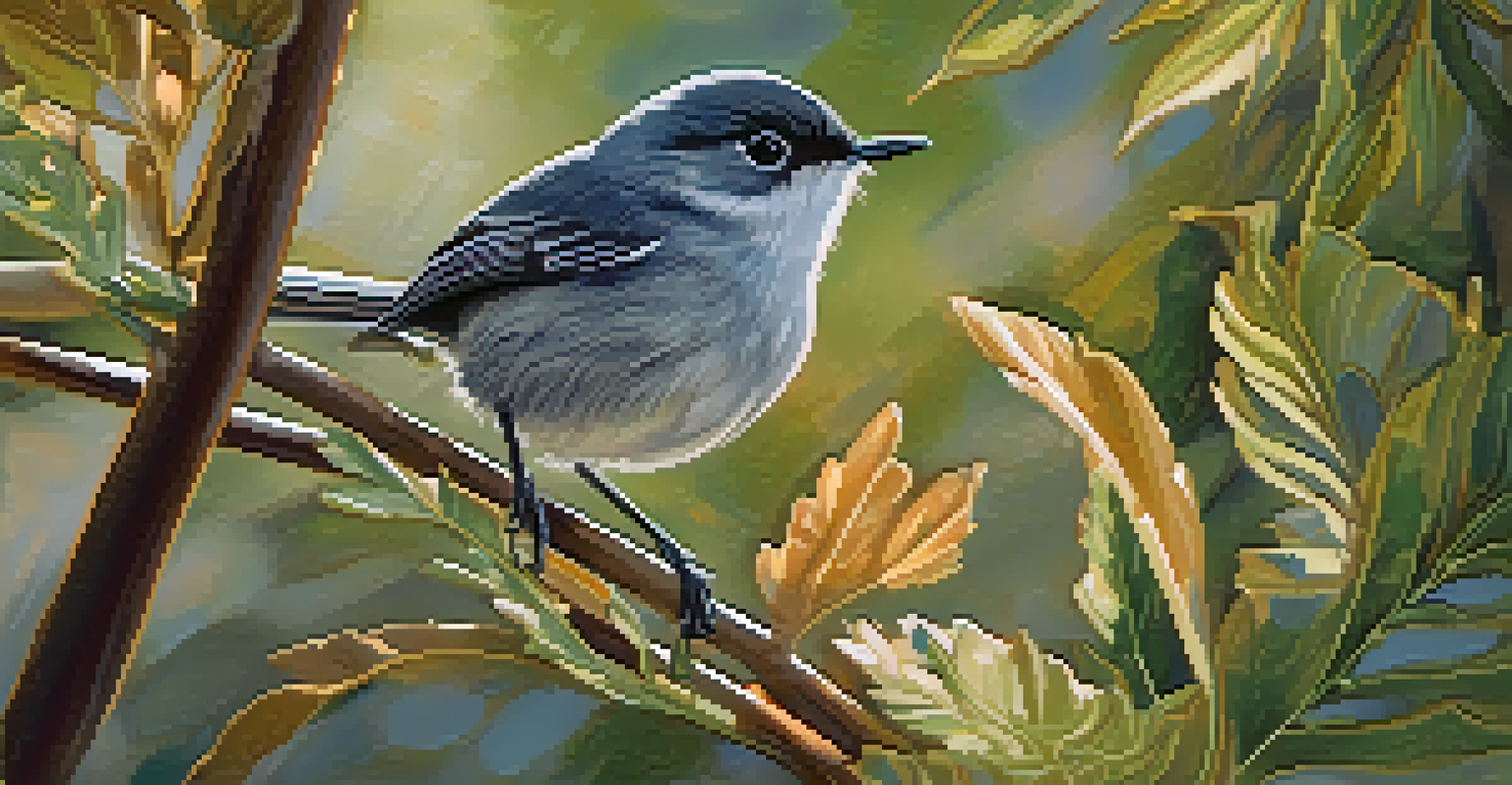 A California gnatcatcher perched on a branch, surrounded by lush coastal foliage in Malibu.