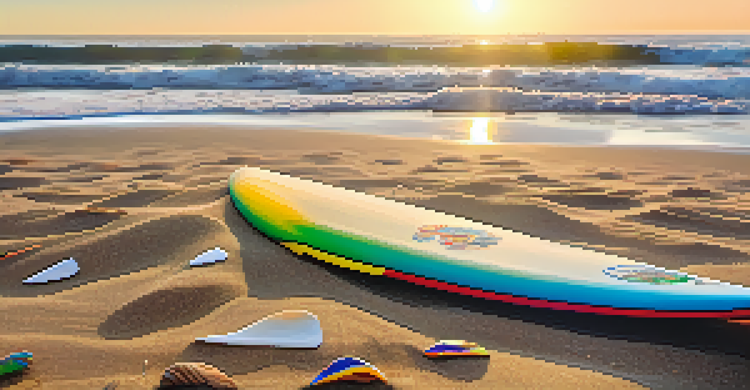 A colorful surfboard resting on the sand at Malibu Beach, with waves in the background.