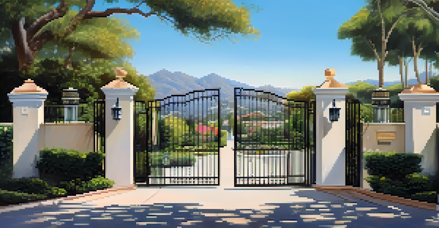 The entrance of a gated community in Malibu, featuring lush landscaping and luxury homes, conveying a sense of privacy and exclusivity.