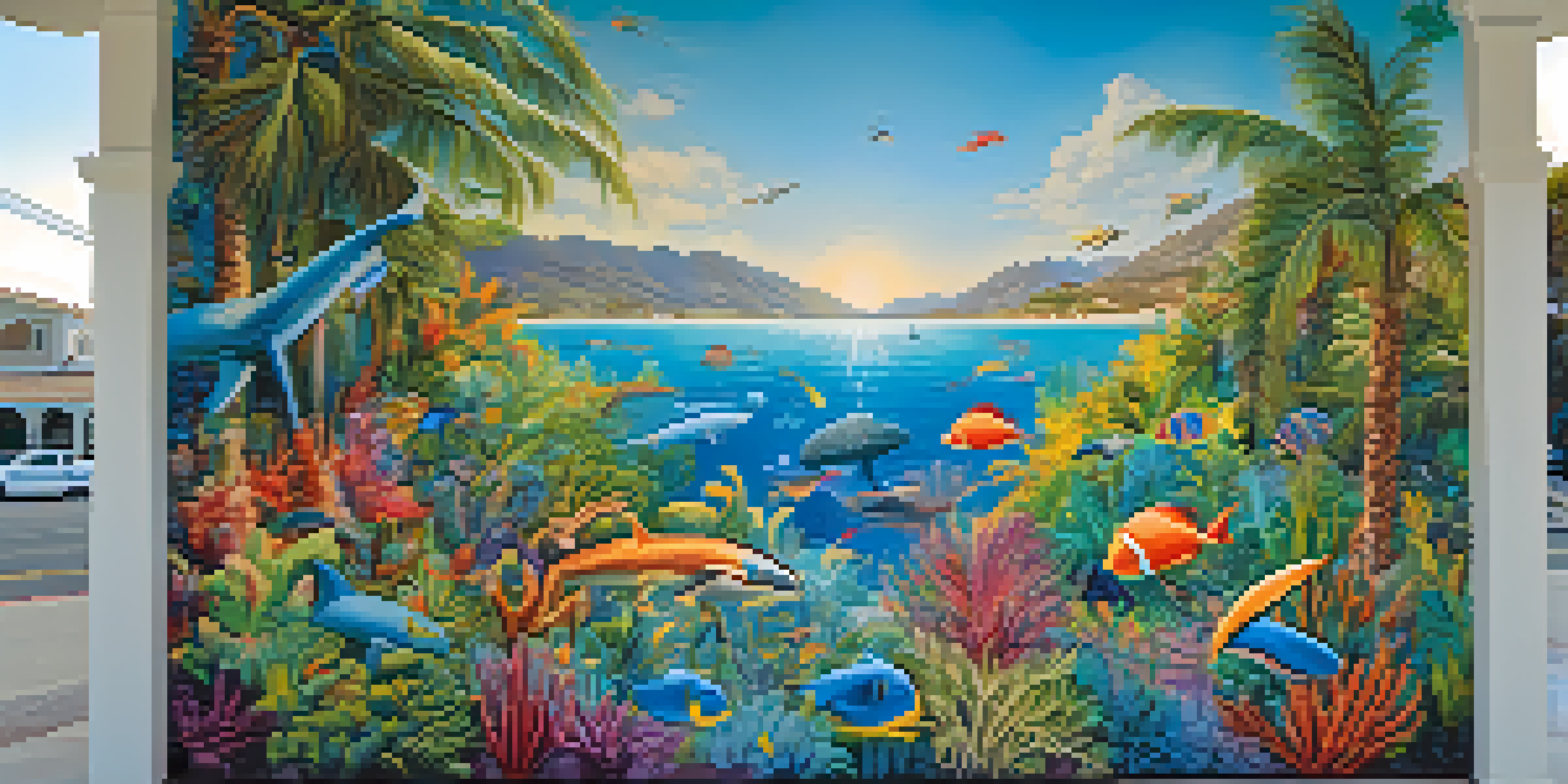 A colorful mural of marine life against palm trees and a blue sky in Malibu, with the ocean in the background.