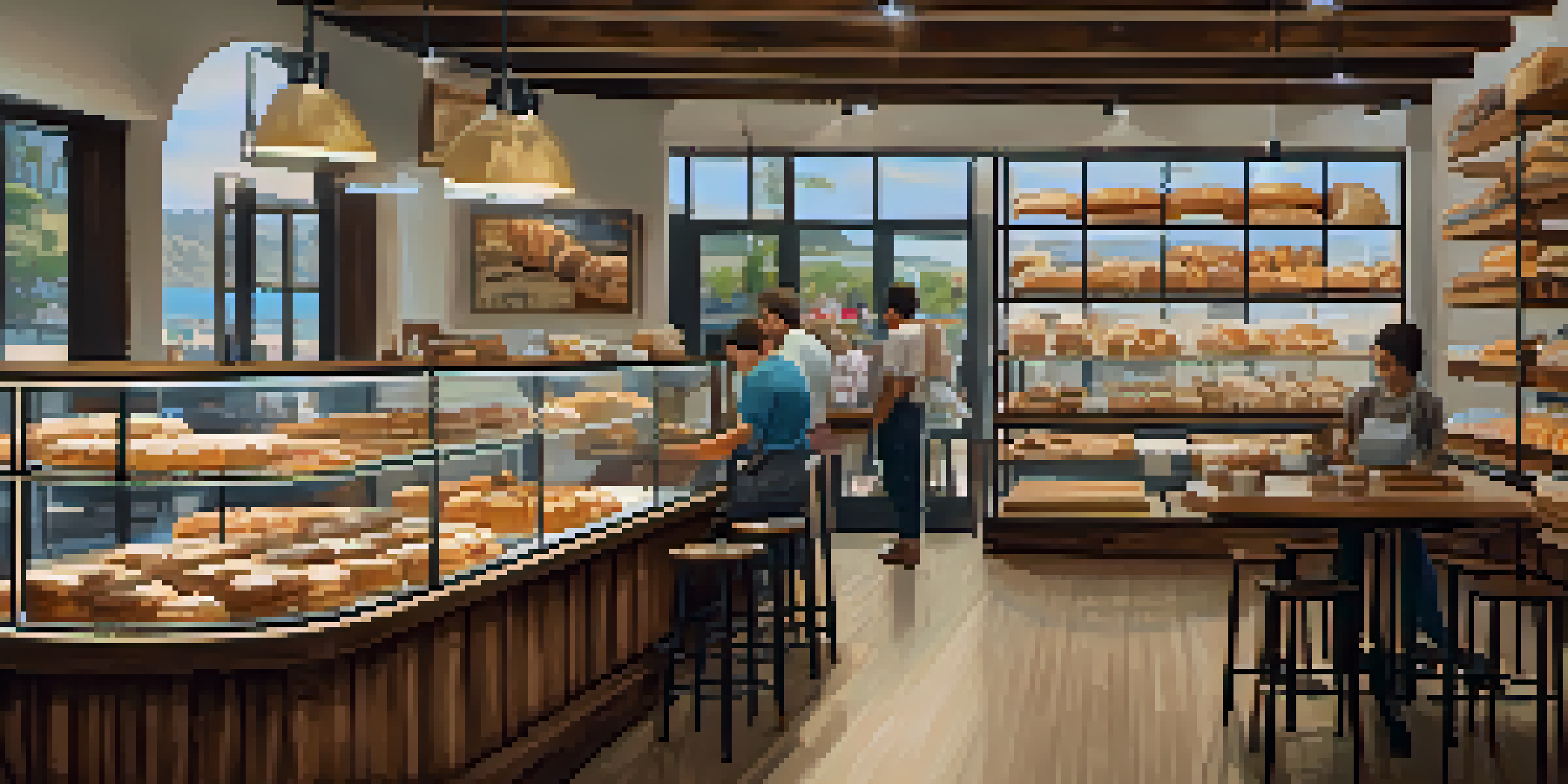 A cozy bakery interior with shelves of baked goods, a barista, and customers enjoying pastries.