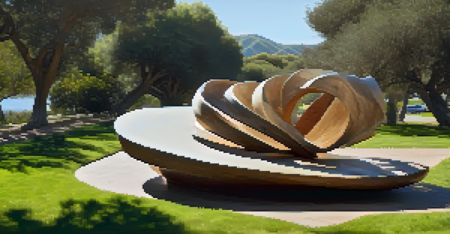 A wave-shaped sculpture made of natural materials in a Malibu park, surrounded by wildflowers and dappled sunlight.