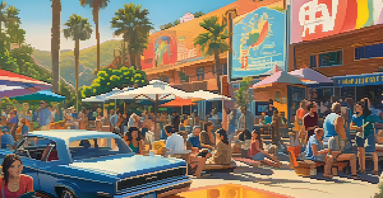 A lively film festival in Malibu with diverse attendees discussing films and enjoying the atmosphere.