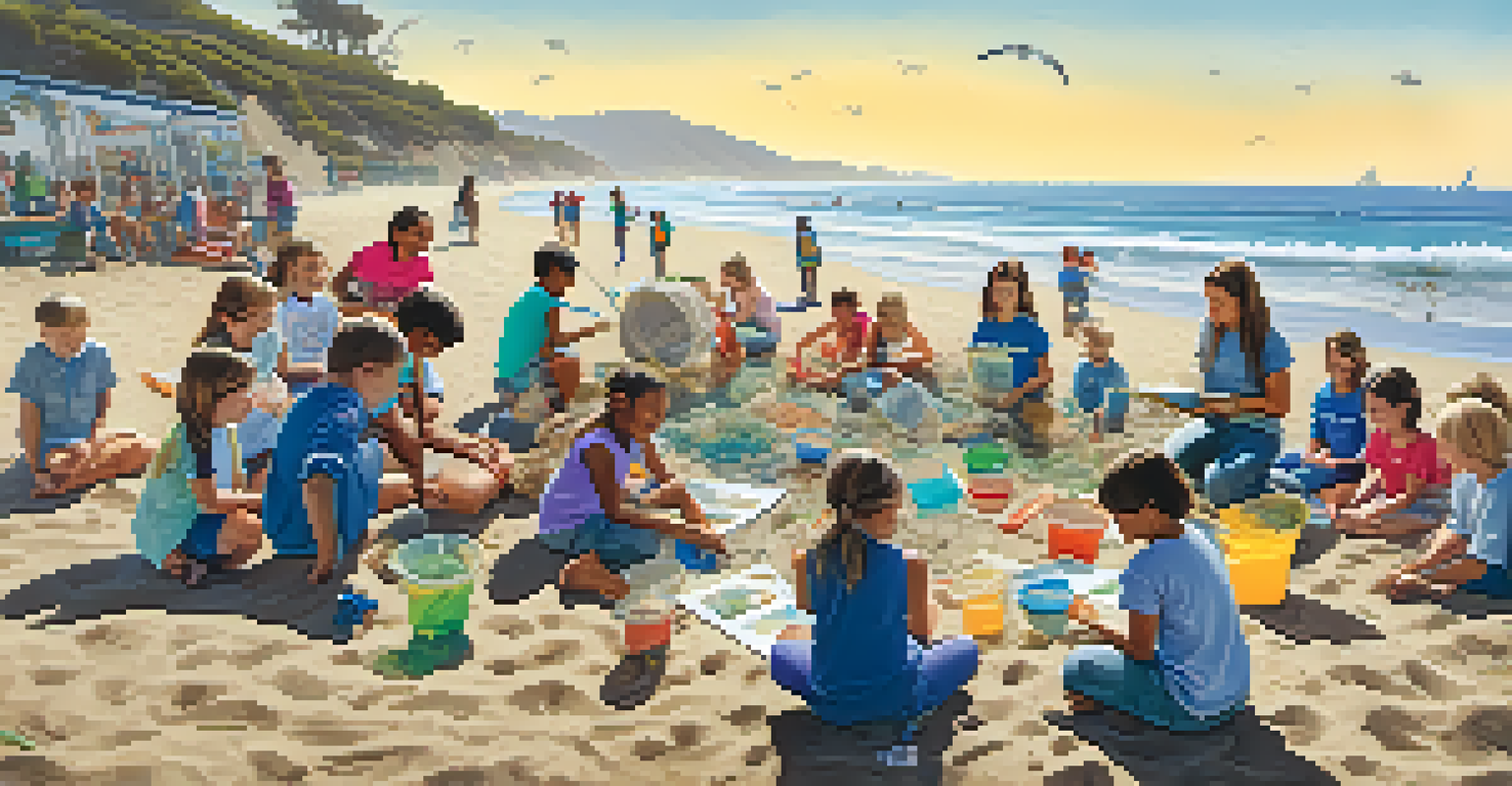 Children participating in a marine biology workshop on a Malibu beach, learning about marine life with a teacher.