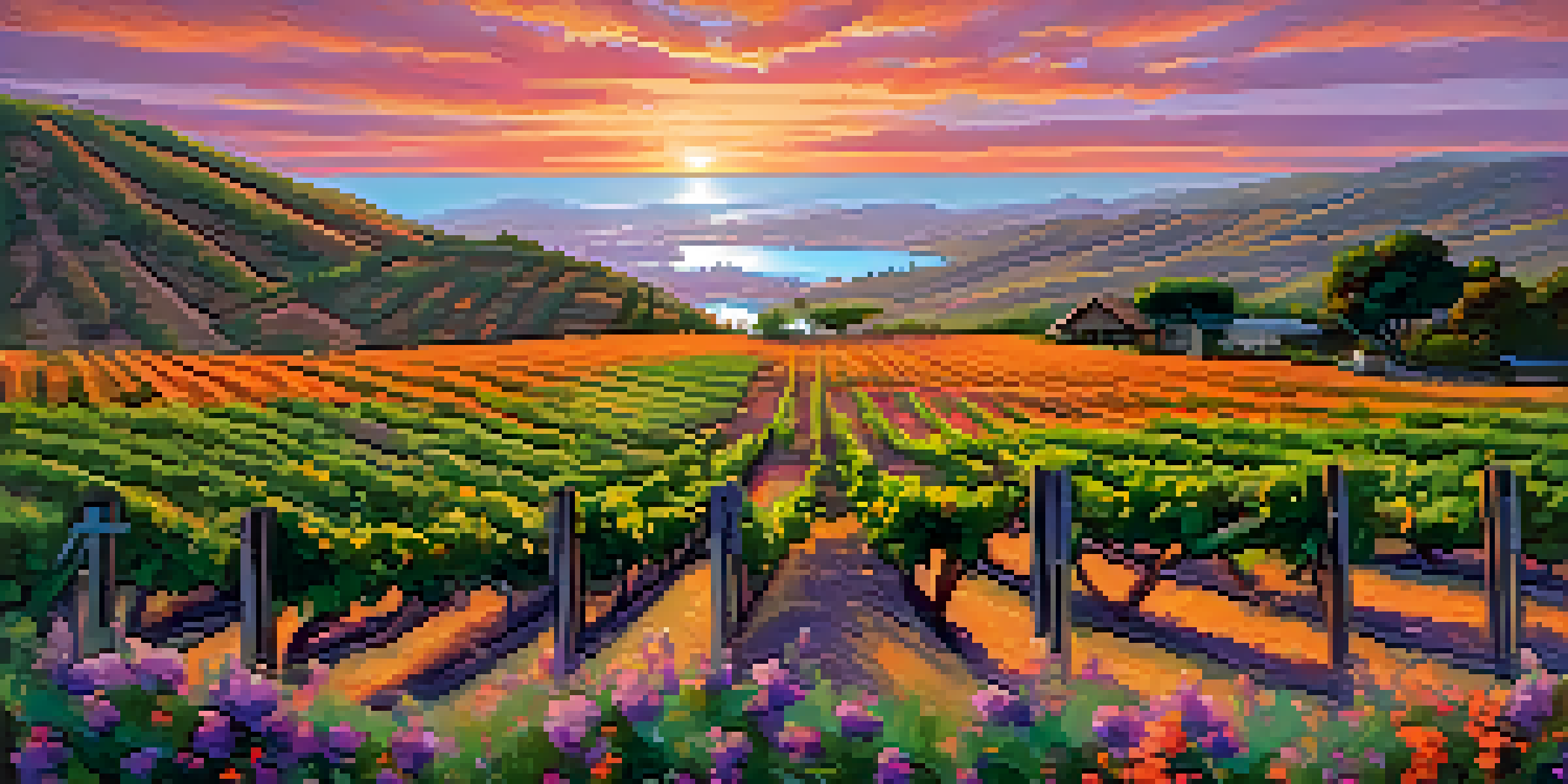 A scenic sunset view of a vineyard in Malibu, with vibrant colors in the sky and lush grapevines.