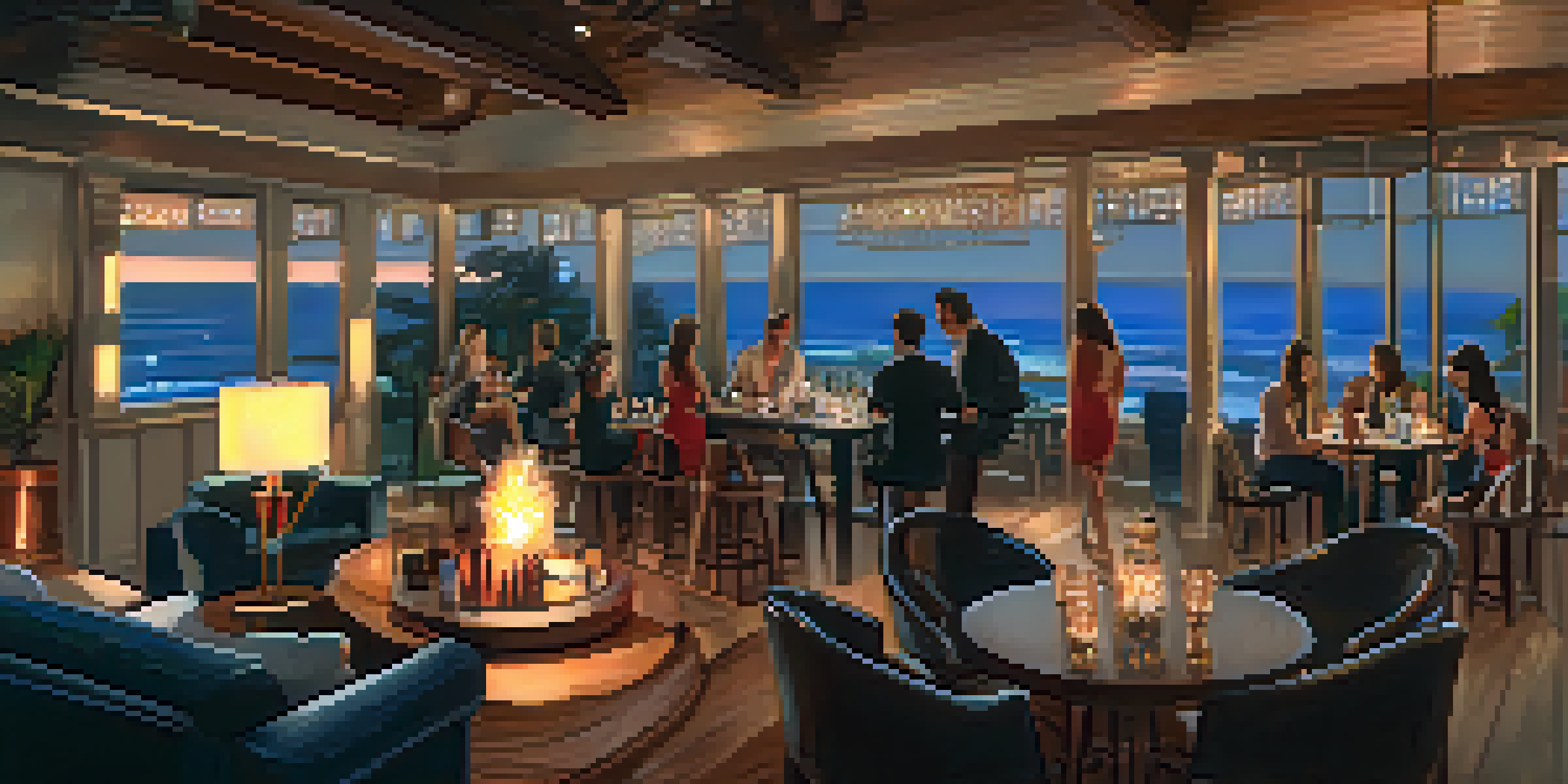 Interior of The Bungalow Malibu nightclub, showcasing a beach house vibe with guests and ocean views.