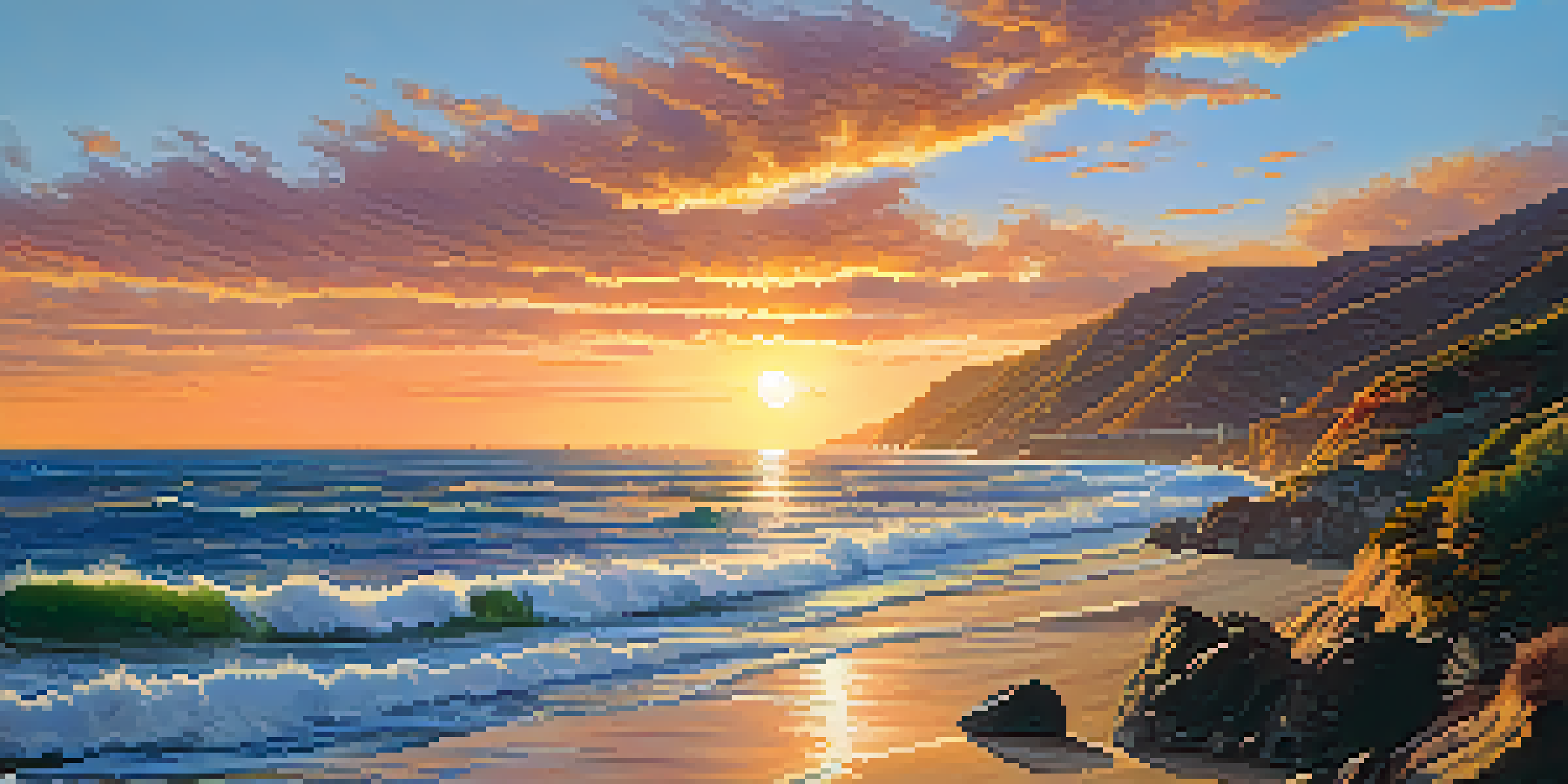 A vibrant sunset over the Malibu coastline, with rocky cliffs and waves reflecting the sky's colors.
