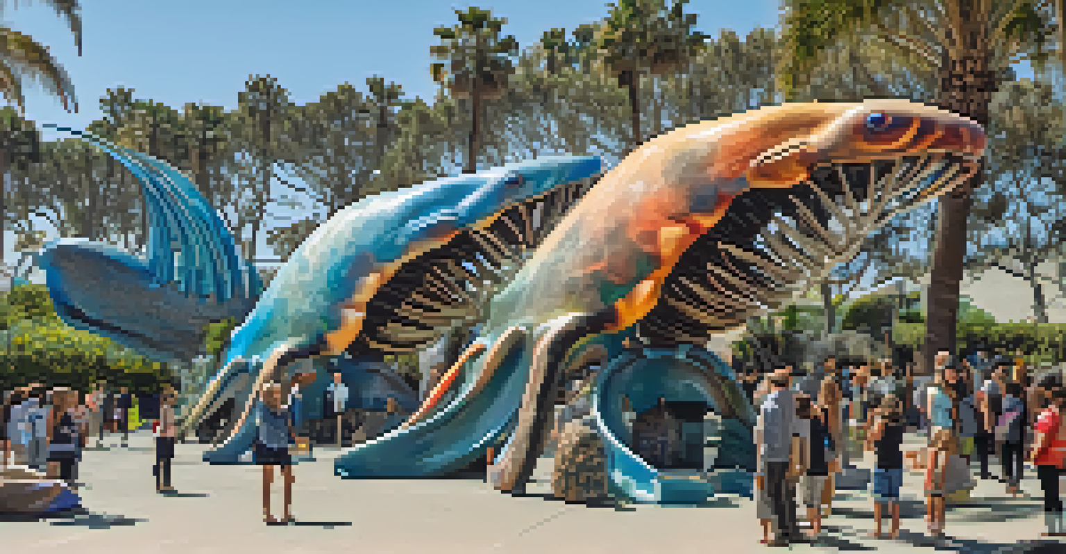 Large-scale sculptures of sea creatures made from recycled materials in a public park, with palm trees and the ocean in the background.