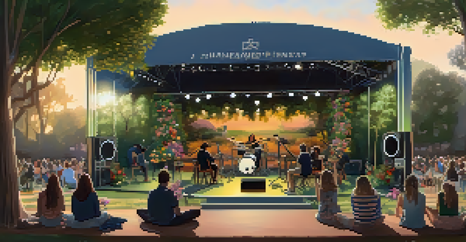 A cozy music stage in a park during a Malibu festival, featuring a local band and families enjoying the performance on blankets.