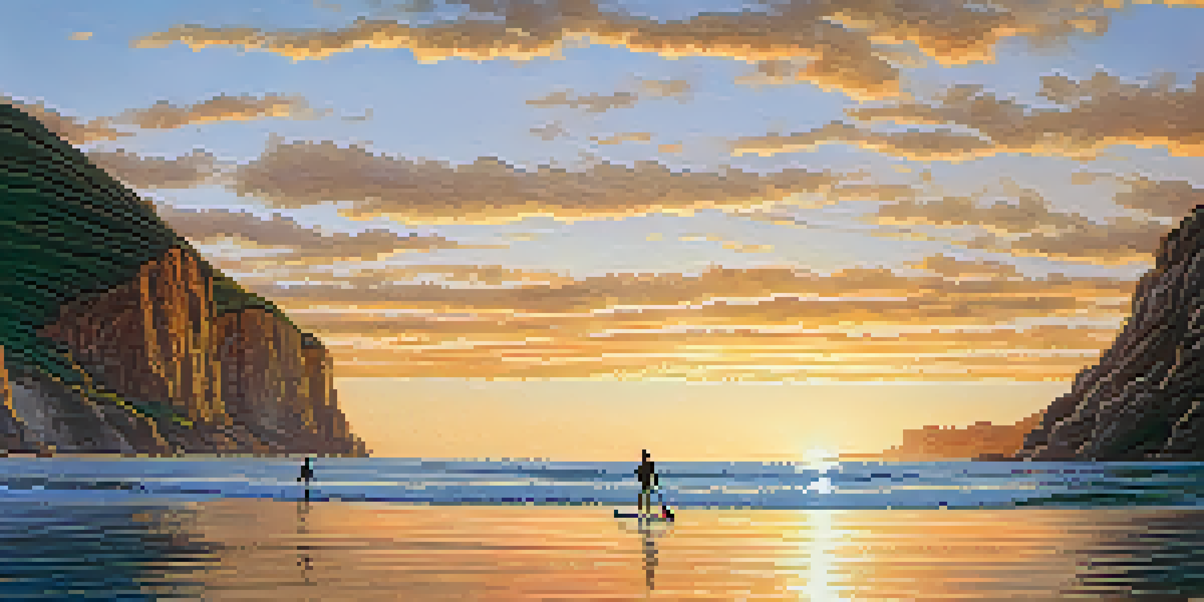 Paddleboarders enjoying a tranquil sunset in Malibu, with cliffs and birds in the background.