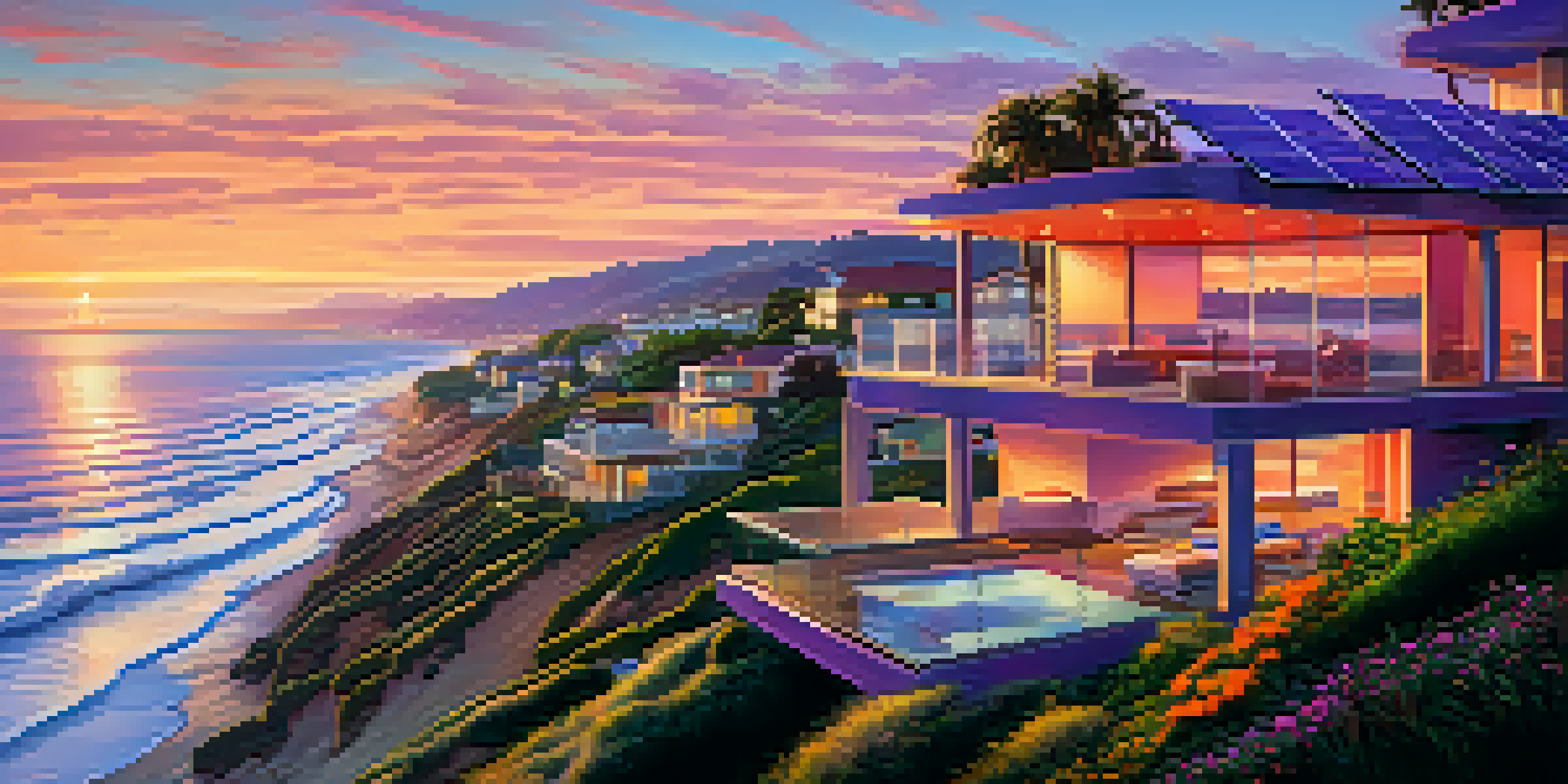 A stunning sunset over Malibu's coastline with solar panels on beach houses and vibrant colors in the sky.