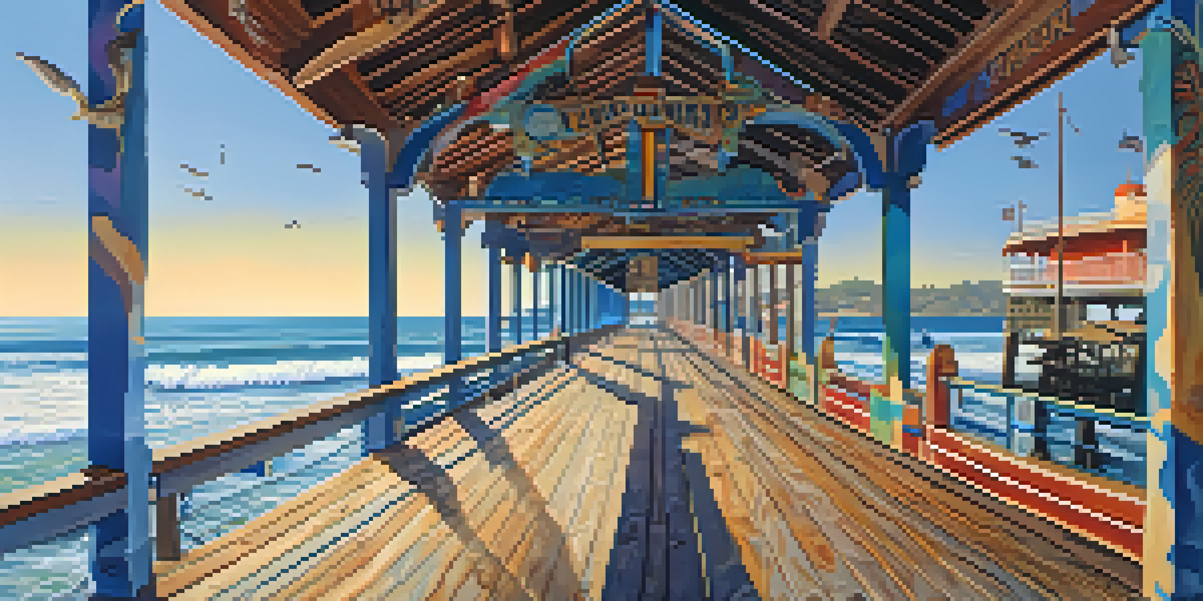 A colorful mural on the Malibu Pier showing marine life and local history under a bright blue sky.