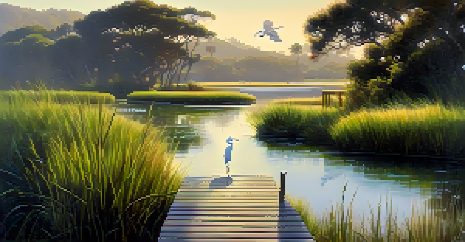Morning light at Malibu Lagoon State Beach with a boardwalk and birds in wetlands.