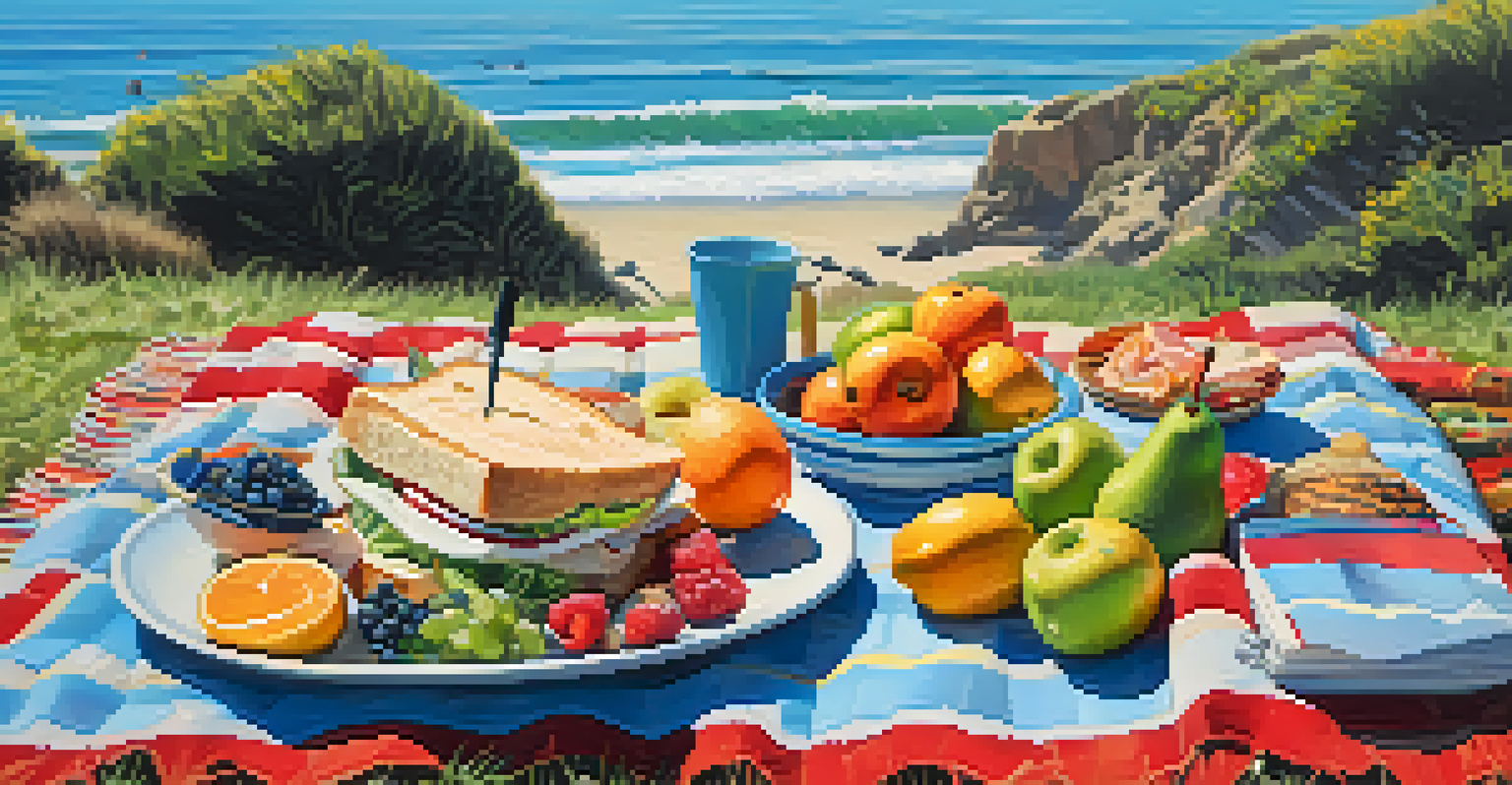 A picnic setup on the grass near the ocean in Malibu, featuring a blanket and food with the ocean in the background.