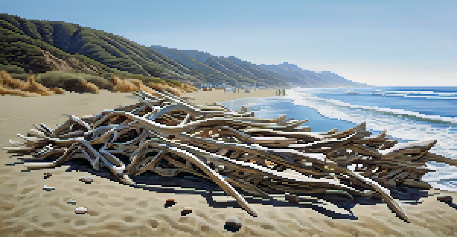 An environmental art installation on Malibu's beach made from natural materials, with ocean waves in the background.