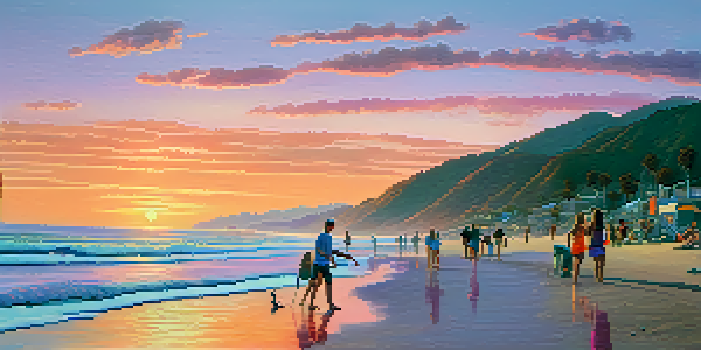 A beautiful sunset over Malibu beach, with tourists cleaning the shore and colorful skies.