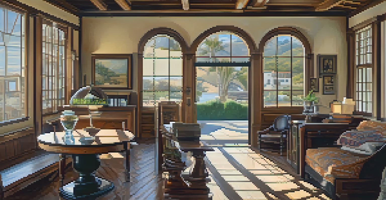 Interior view of a restored historical site in Malibu, showcasing vintage decor and artifacts under natural light.