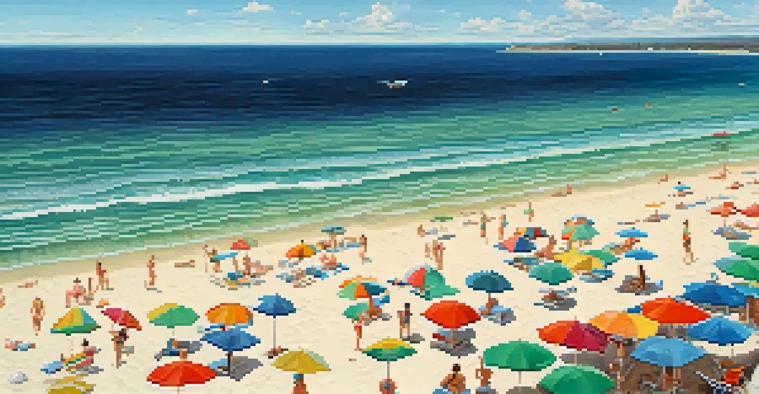 Aerial view of a beach showing rip currents, with swimmers in the water and colorful umbrellas on the sand.