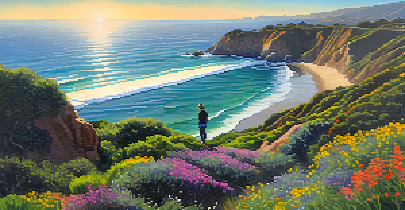 A hiker at Point Dume Nature Preserve overlooking the ocean with dolphins below.