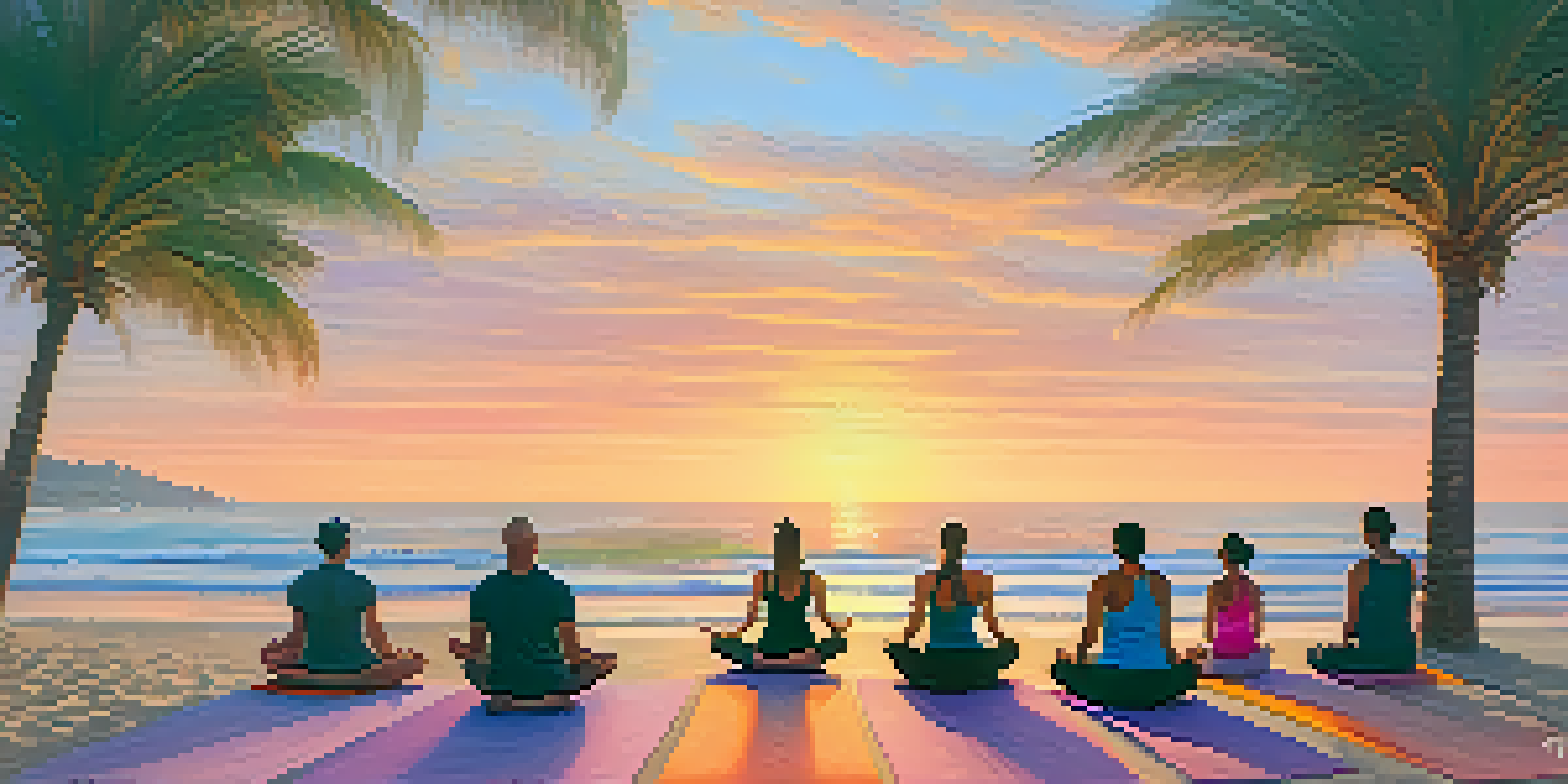 A group of people doing yoga on a beach during sunrise, with vibrant mats and a colorful sky.