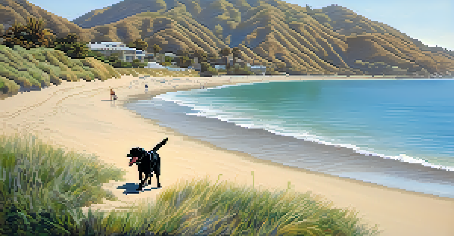 A scenic view of Malibu Lagoon State Beach with a dog exploring the grass and its owner walking by the water.