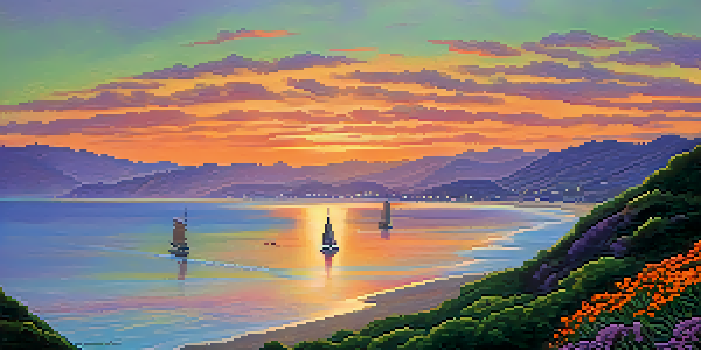 A tranquil sunset over Malibu Bay with a sailboat on the water and dolphins visible in the distance.
