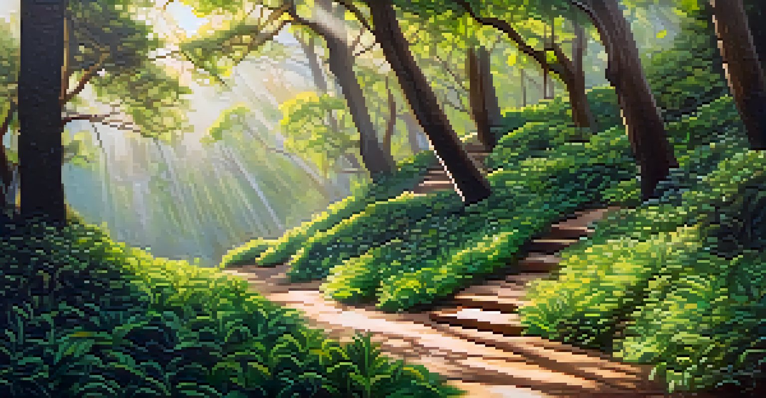 A hiking trail in Malibu featuring interactive art installations made from natural materials, surrounded by greenery and dappled sunlight.