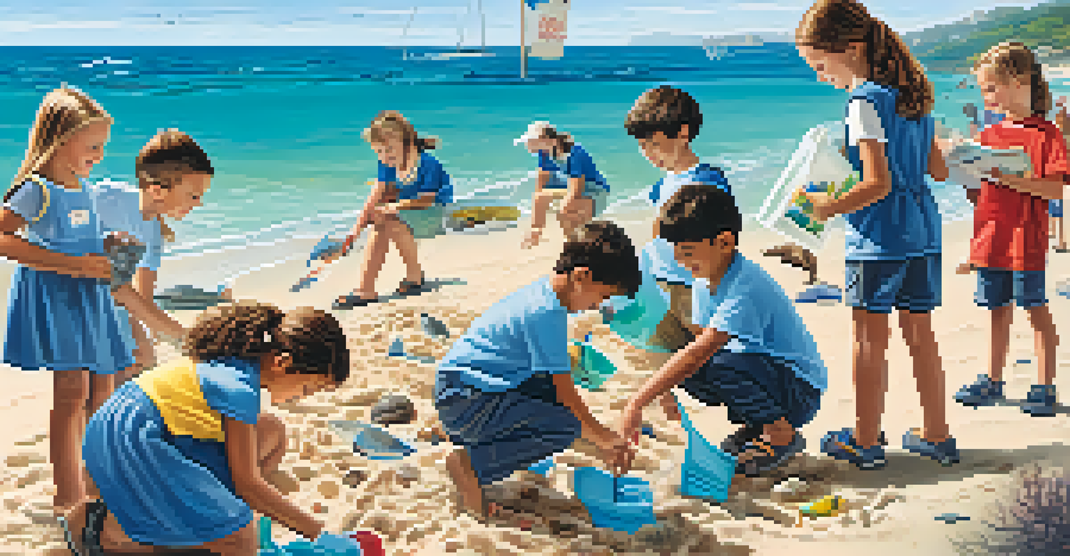 Children participating in a beach cleanup, learning about marine life with educational displays nearby, and a clear beach in the background.